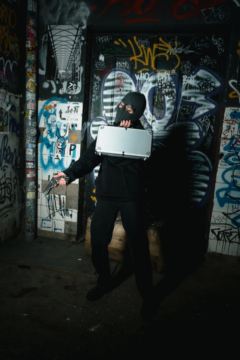 person in black jacket with mask holding a silver briefcase and gun